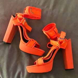 Neon orange block heels